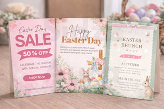 design easter flyer, card, post, banner, logo, video, brunch menu, egg hunt