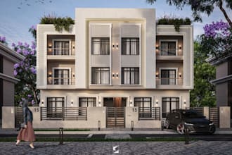 construct 3d apartment exterior,front porch layout, multi family house,3d render