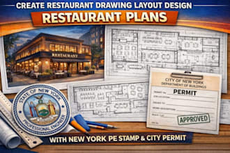 create restaurant drawing  layout design with new york pe stamp and city permit