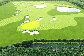 render cgi 3d landscape golf course, golf hole,golf simulator, golf driven range