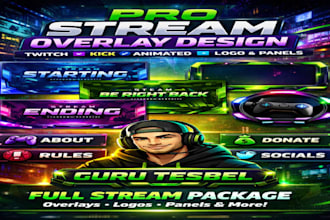 design stream overlay, animated twitch banner, twitch logo and kick stream