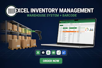 create an excel inventory management and warehouse system with barcode