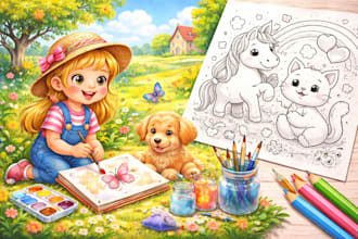 create watercolor children book illustrations and kids coloring book pages