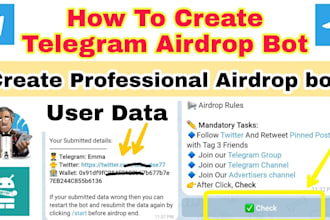 develop telegram bots, including airdrop bots, chatbots, and fully customized bo