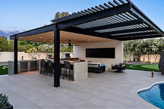 do landscape backyard pergola design garden, deck, outdoor pool, patio rendering