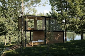 render cozy cabin cottage home, bunkhouse exterior, guesthouse, tinyhouse design