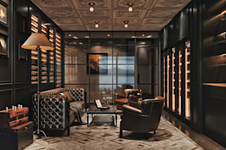 design cozy cigar room, private lounge rendering, interior dim lightning setup