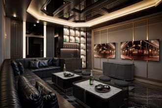 modify basement floorplan, design private entertainment room, interior rendering
