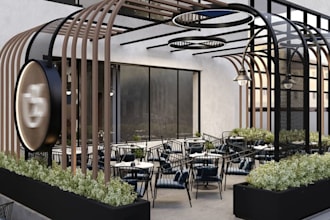 innovate 3d outdoor restaurant, render coffee shop, 2d layout cafe visualization