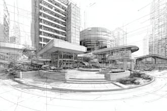 draw architectural sketches of building interior and exterior