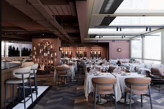 upscale 3d restaurant interior,cgi dining layout,cafe bar render, lobby lounge