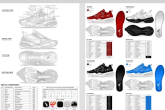 design and sketch shoes, footwear and sneakers with tech pack for manufacturing