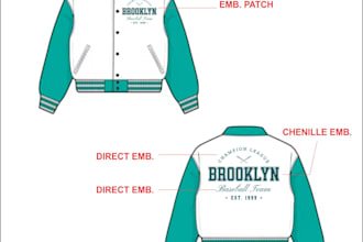 design  custom varsity jacket fashion tech pack for you