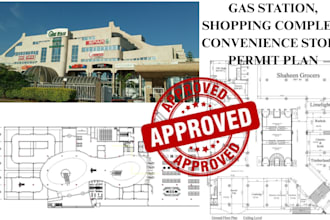 design and stamp gas station, shopping complex and convenience store permit plan
