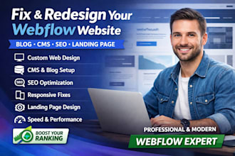 fix, redesign webflow website,blog template,cms,webflow seo landing page design