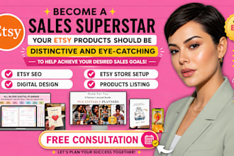 setup etsy shop, design digital products, print on demand, etsy seo listings