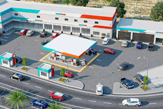 remodel modern fuel station complex, forecourt canopy,3d max render, storefront