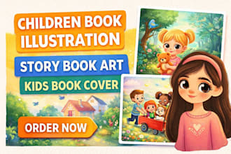 create children book illustration, kids story book and cover