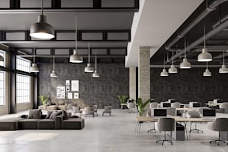 create photorealistic 3d render for modern industrial loft office and workspaces