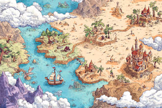 draw cartoon fantasy map illustration, doodle hand drawn