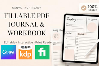 design fillable journal, workbook, worksheets, planner, notebook, ebook design