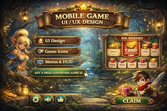 design mobile game UI UX, hud, menus, game interfaces, figma, unity, roblox UI
