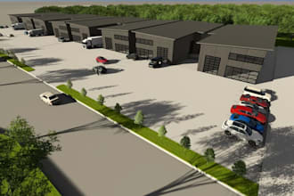 do master site plan for industrial complex, factory warehouse rendering, cgi