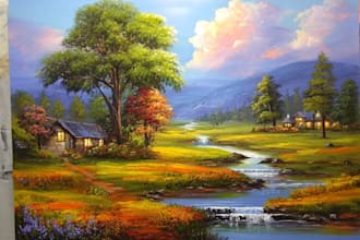 paint landscape in real oil painting on canvas