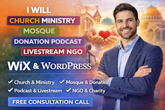 church ministry, mosque, donation podcast livestream ngo, wix, wordpress website