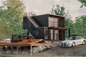 3d modular housing exterior, stilt house design, house on slope site rendering