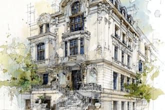 sketch architecture building or houses with watercolour rendering