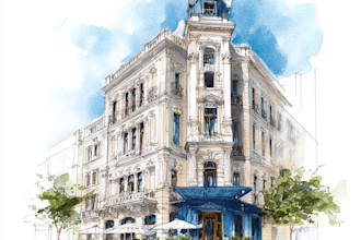 sketch architecture building with watercolor rendering