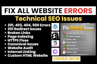 fix 301 404 500 broken links website page not found internal linking bug issues