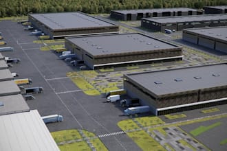 redesign commercial complex building, modern office rendering, industrial park