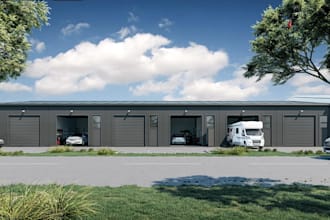 design industrial building complex, commercial garage layout, warehouse exterior
