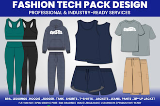 draw a technical flat sketch and tech packs, cloth manufacturing or presentation