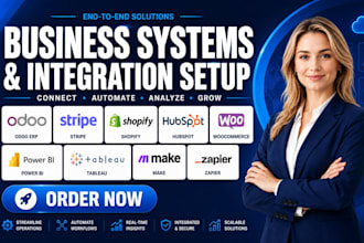 setup odoo erp stripe shopify hubspot woocommerce power bi tableau make zapier