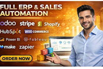 setup odoo erp stripe shopify hubspot woocommerce power bi tableau make zapier