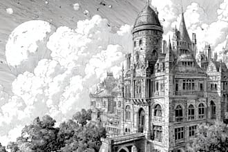 draw a detailed black and white engraving style illustration
