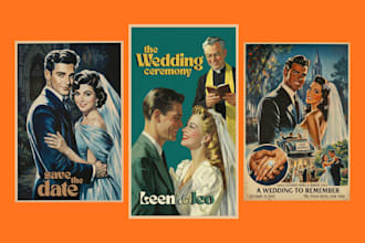 create wedding invitation in vintage movie poster style
