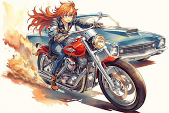paint car and motorcycle portraits in watercolor