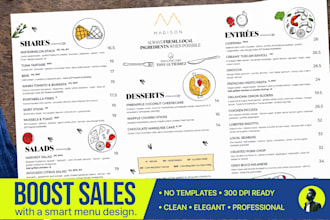 design minimalistic trifold, bifold, one pager restaurant and cafe menu