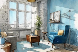 sketch design your interior room in my watercolor style