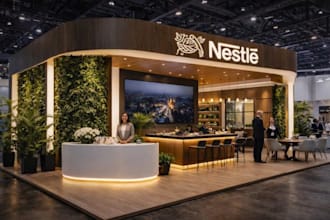 render concept, design exhibition stand for product display, trade booth visuals