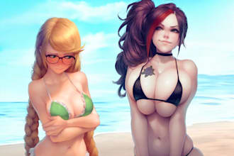 draw yuri art, gl wlw, fanart, oc, anime couple illustration sfw and nsfw art