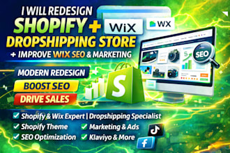 redesign shopify dropshipping store improve wix seo marketing manager