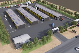 design 3d utility building, storage unit rendering, develop real estate property