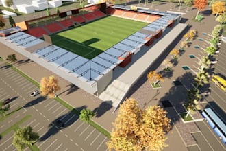 render 3d football stadium complex, sports arena,indoor soccer camp,field design