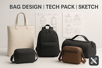 design bag tech packs, sketches, patterns for tote, backpack, crossbody, duffle
