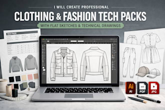 create clothing and fashion tach pack flat sketches technical drawing spec sheet
